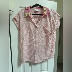 CAbi Pink Striped Shirt with Floral Collar/ Merger top